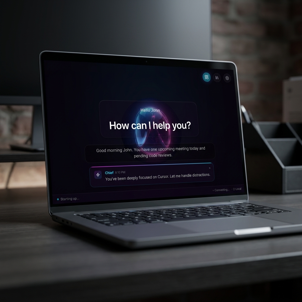 Chief of Staff macOS app showing a morning briefing dashboard, focus health tracking, and usage timeline